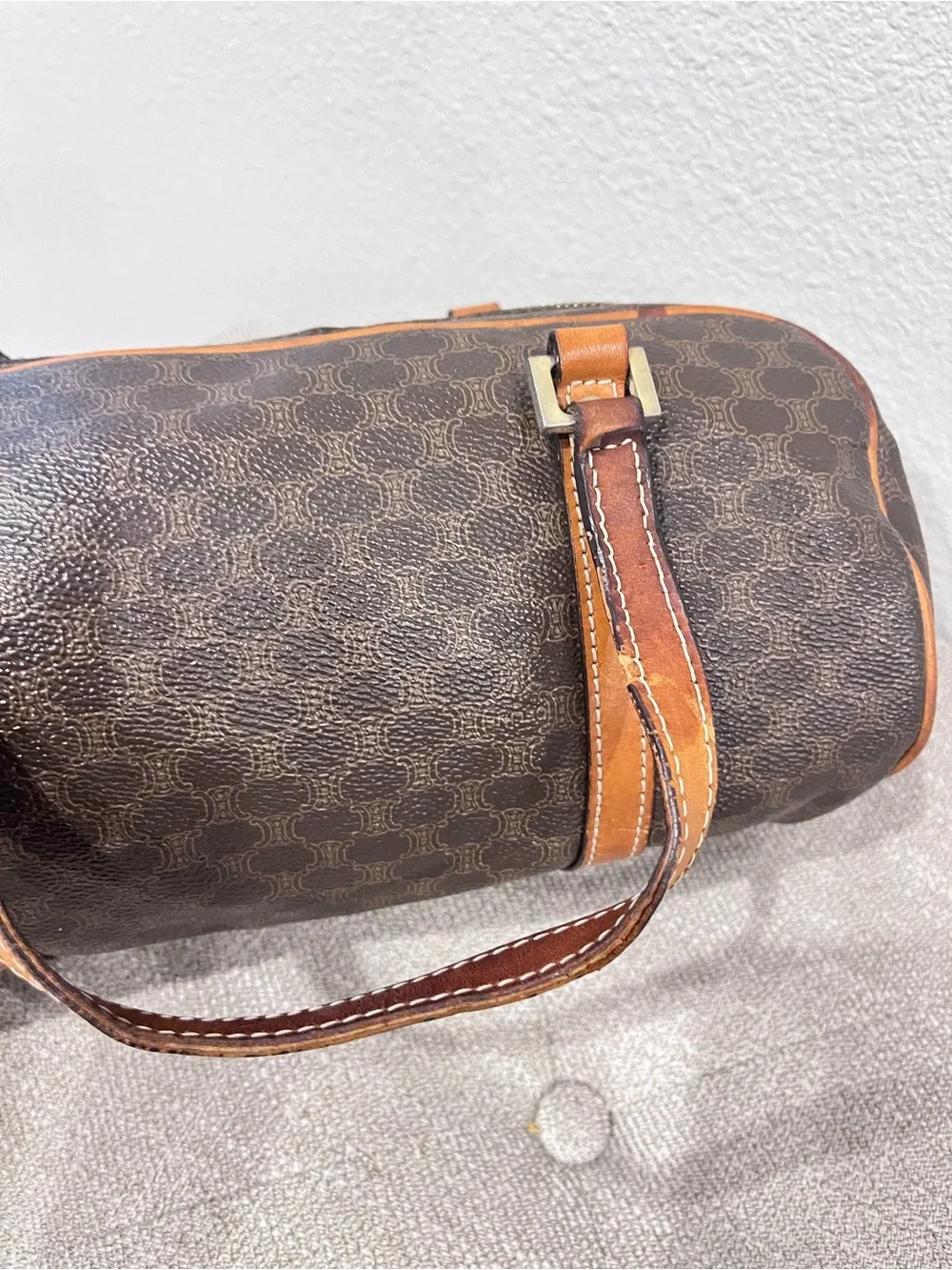 CELINE BROWN MACADAM COATED CANVAS BOSTON BAG